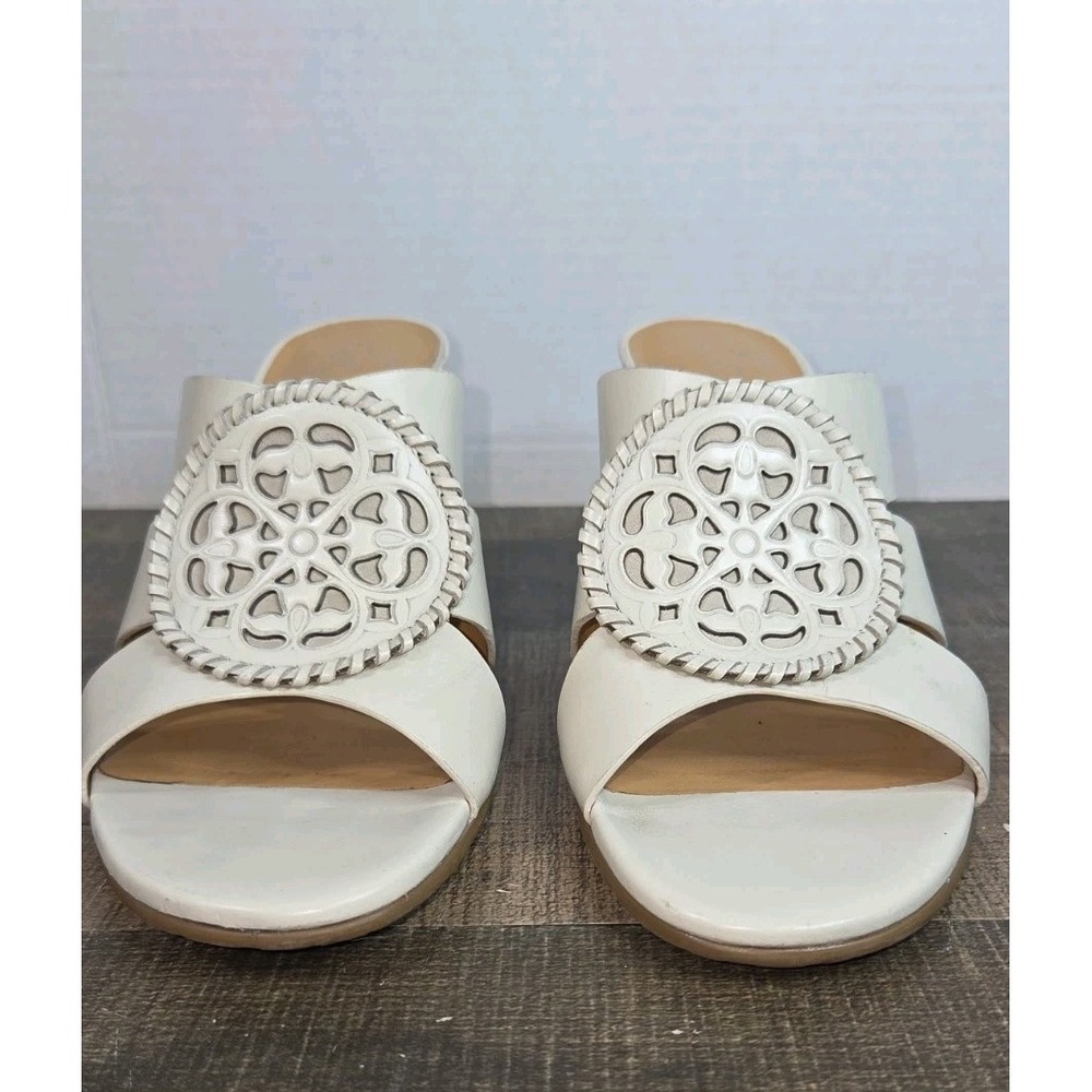 Brighton Ivory Leather Medallion Block Heel Slide Sandal Mules Romana 8.5N